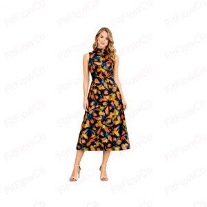 Tahari ASL Floral Mock Neck Midi Dress Size 10 NWT Fit & Flare Satin Sheen